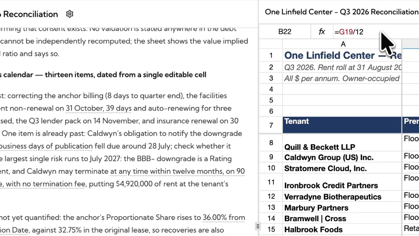 Recording: in a reconciliation thread a cited figure opens the lease amendment, then the thread's workbook opens beside it and the view zooms in on its formulas