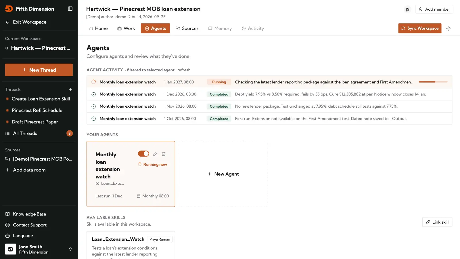 A loan extension workspace's Agents tab with the monthly watch agent running and its past runs listed