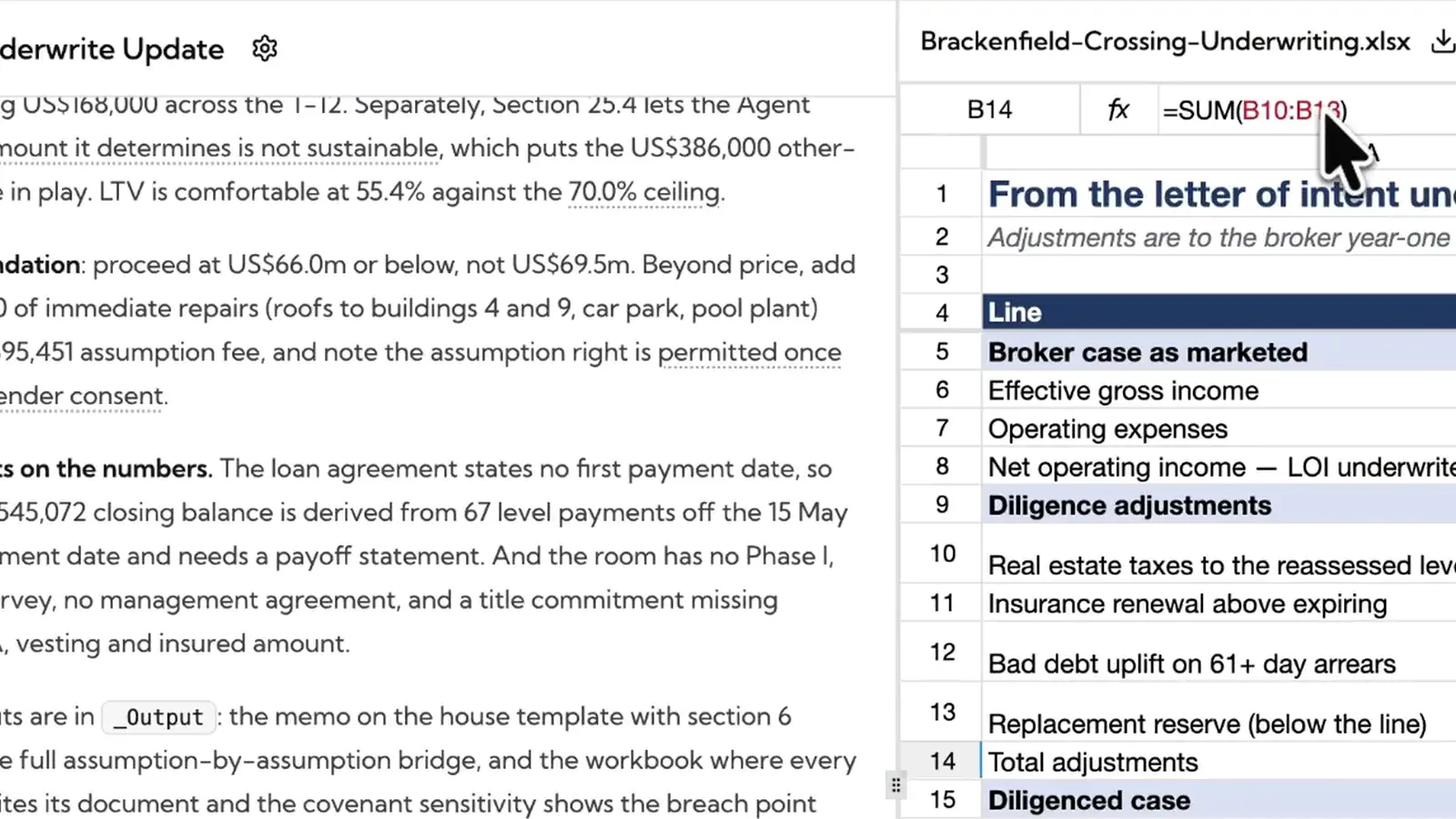 Recording: in an underwriting thread a cited figure opens the county notice of value, then the thread's workbook opens beside it and the view zooms in on its formulas