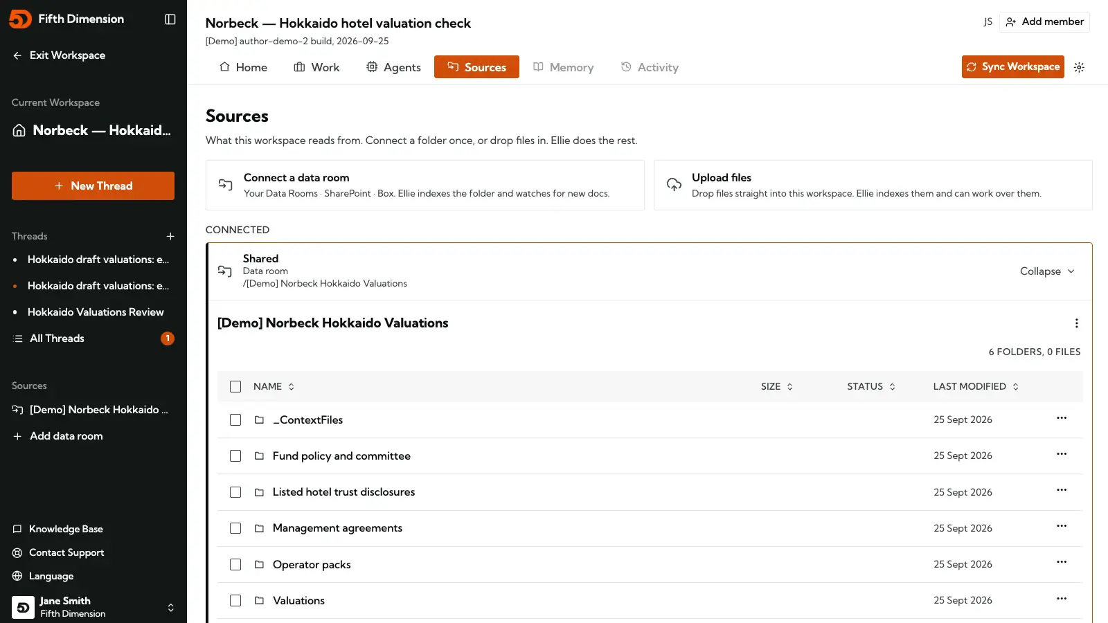 A workspace's Sources tab with SharePoint and Box data rooms available and a shared data room connected
