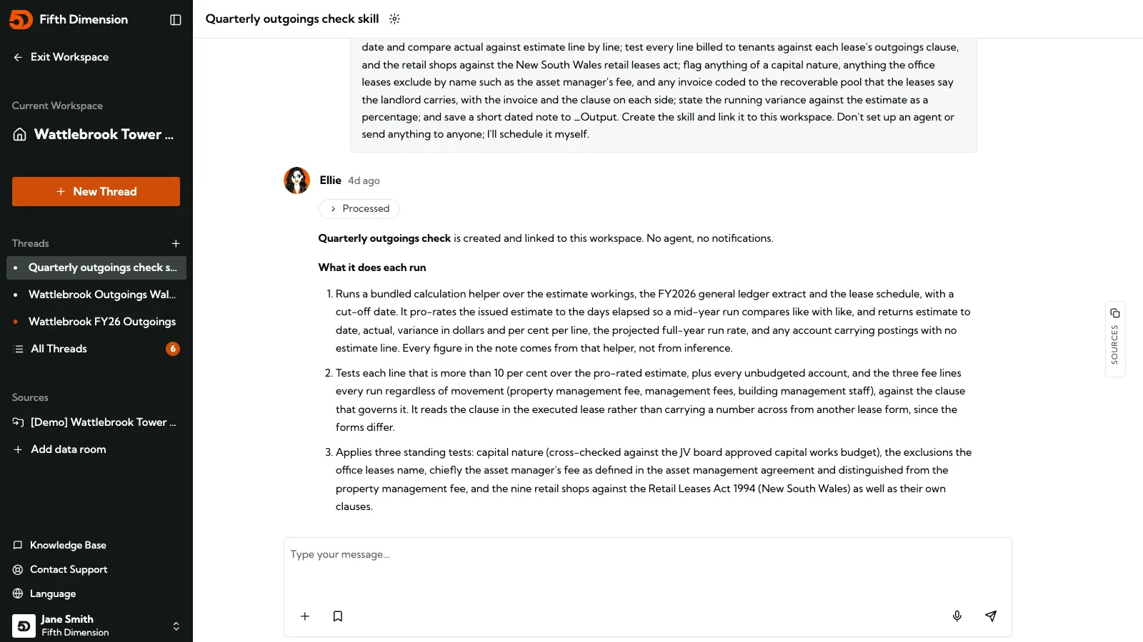 Ellie turning a quarterly outgoings reconciliation into a reusable skill that applies the firm's budget, fee rules and the relevant retail leases act