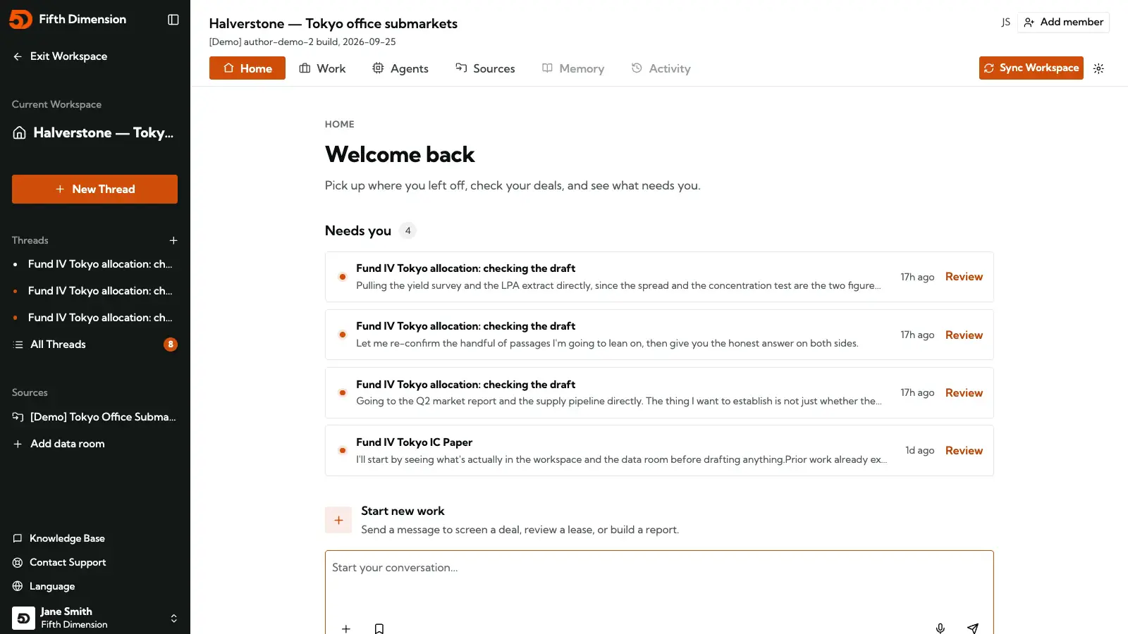A workspace home with the reviews that need you: the draft allocation checks and the IC paper, each waiting for review