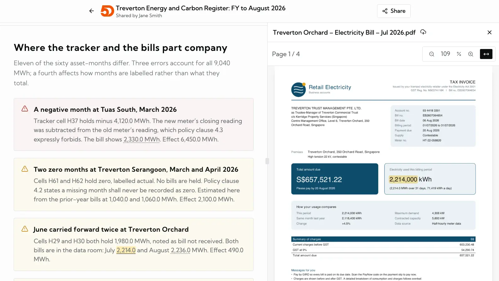 An energy and carbon register Brief flagging where the tracker and the bills disagree, with the cited electricity bill open
